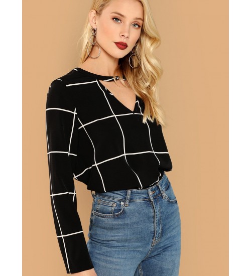 Choker Neck Grid Top