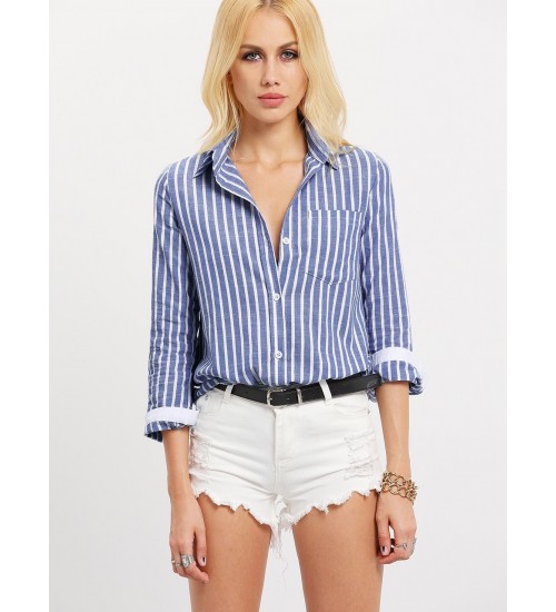 Vertical Stripe Pocket Blouse