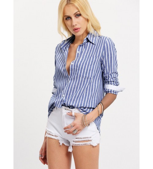 Vertical Stripe Pocket Blouse