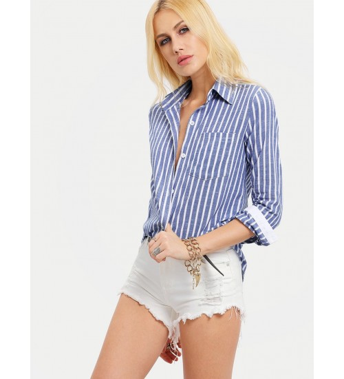 Vertical Stripe Pocket Blouse