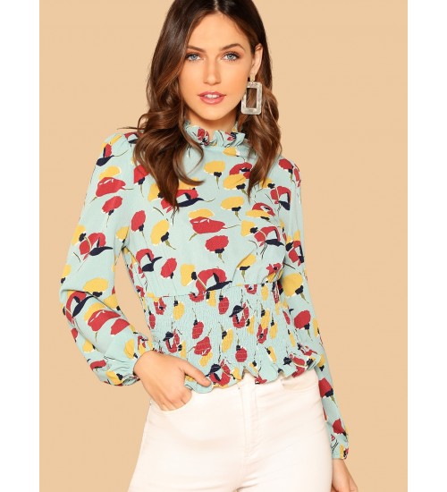 Frilled Neck Wide Shirred Hem Floral Top