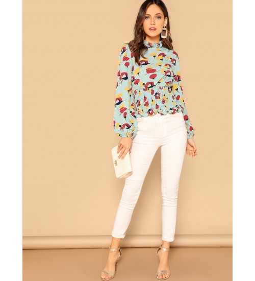 Frilled Neck Wide Shirred Hem Floral Top