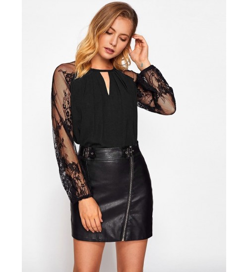 Lace Sleeve Keyhole Blouse