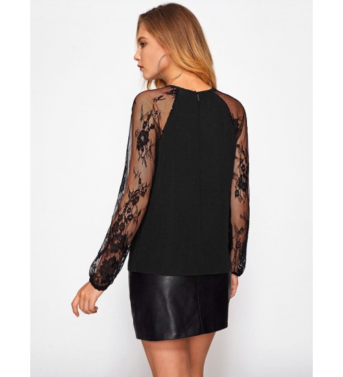 Lace Sleeve Keyhole Blouse