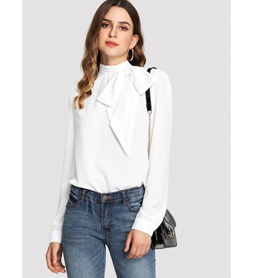 Mock Neck Bow Embellished Top