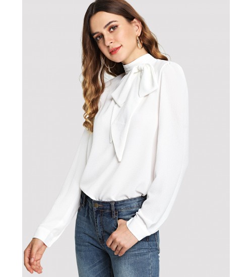 Mock Neck Bow Embellished Top