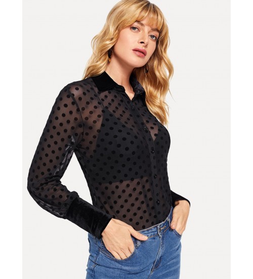 Polka Dot Single Breasted Sheer Blouse