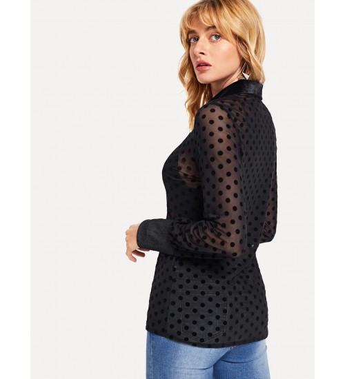 Polka Dot Single Breasted Sheer Blouse