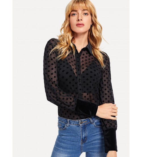 Polka Dot Single Breasted Sheer Blouse