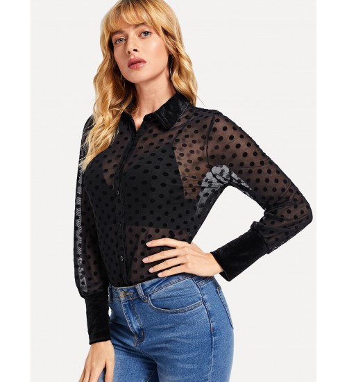 Polka Dot Single Breasted Sheer Blouse