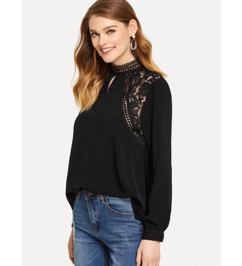 Solid Contrast Lace Blouse