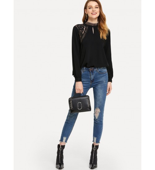 Solid Contrast Lace Blouse