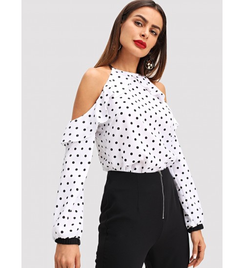 Open Shoulder Ruffle Trim Dot Top