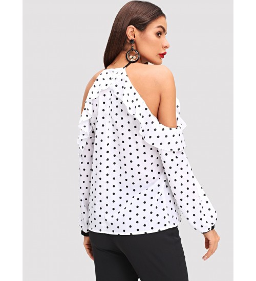 Open Shoulder Ruffle Trim Dot Top