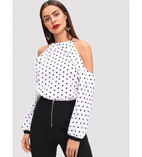 Open Shoulder Ruffle Trim Dot Top