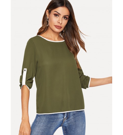 Contrast Binding Rolled Sleeve Blouse