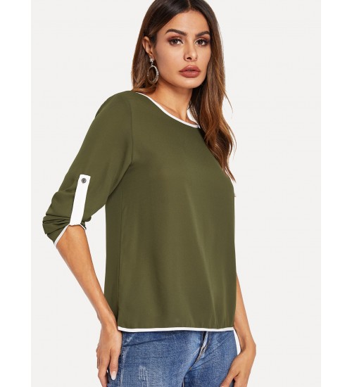 Contrast Binding Rolled Sleeve Blouse