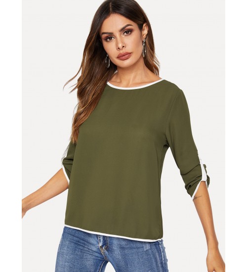 Contrast Binding Rolled Sleeve Blouse