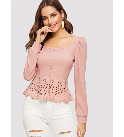 Button Up Laser Cut Peplum Hem Blouse