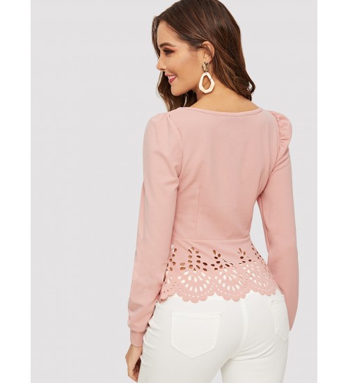 Button Up Laser Cut Peplum Hem Blouse