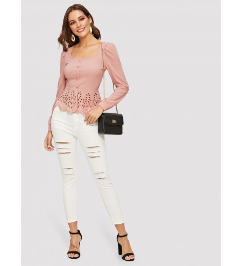 Button Up Laser Cut Peplum Hem Blouse