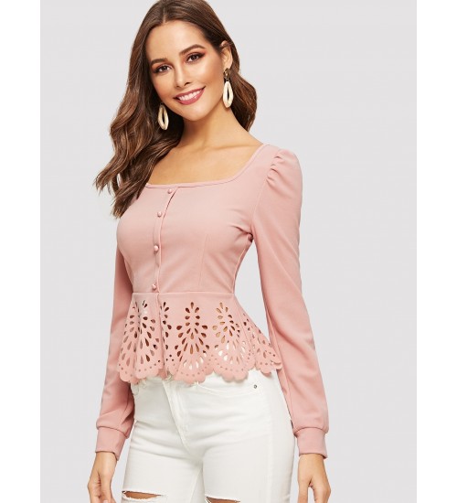 Button Up Laser Cut Peplum Hem Blouse