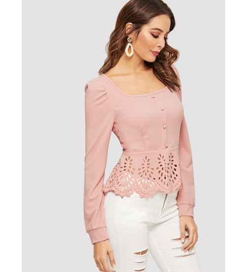 Button Up Laser Cut Peplum Hem Blouse