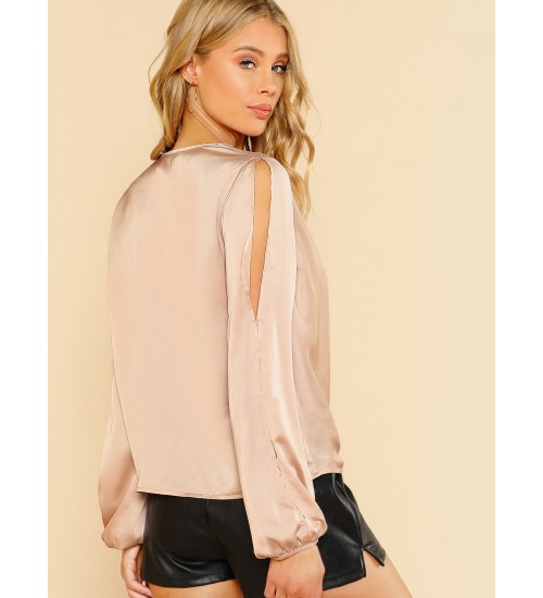 Split Sleeve Surplice Wrap Satin Blouse