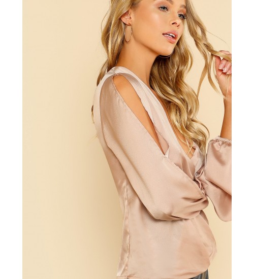 Split Sleeve Surplice Wrap Satin Blouse