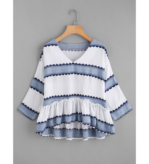 V Neckline Striped Frill Dip Hem Blouse