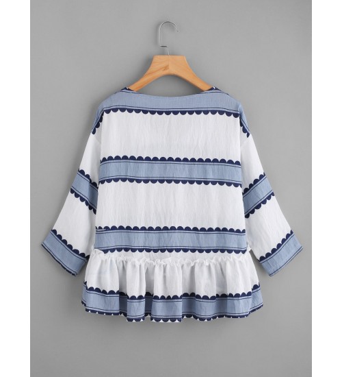 V Neckline Striped Frill Dip Hem Blouse