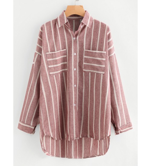 Striped Dip Hem Shirt With Chest Pocket