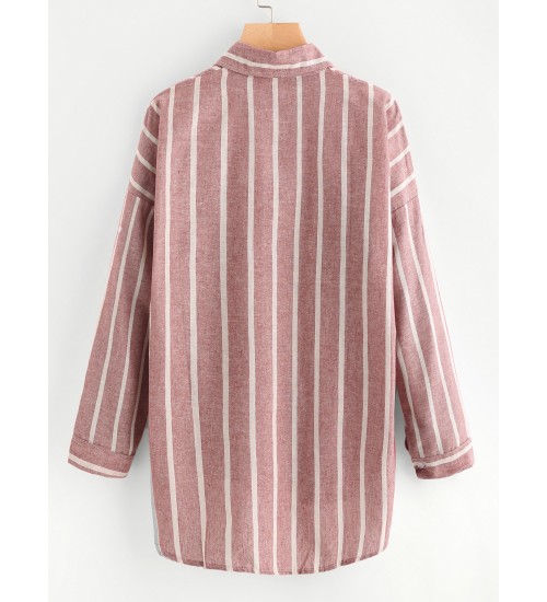 Striped Dip Hem Shirt With Chest Pocket