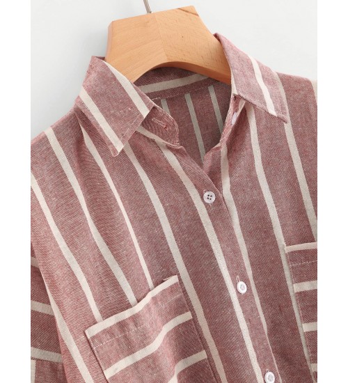 Striped Dip Hem Shirt With Chest Pocket