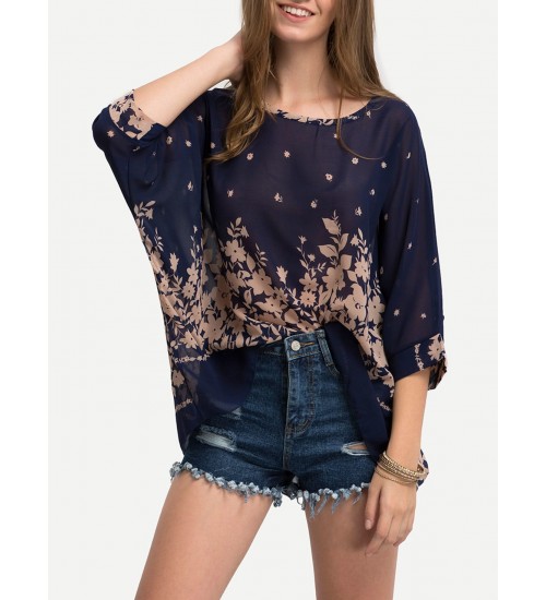 Flower Print Semi-Sheer Poncho Blouse