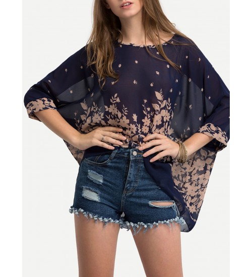 Flower Print Semi-Sheer Poncho Blouse