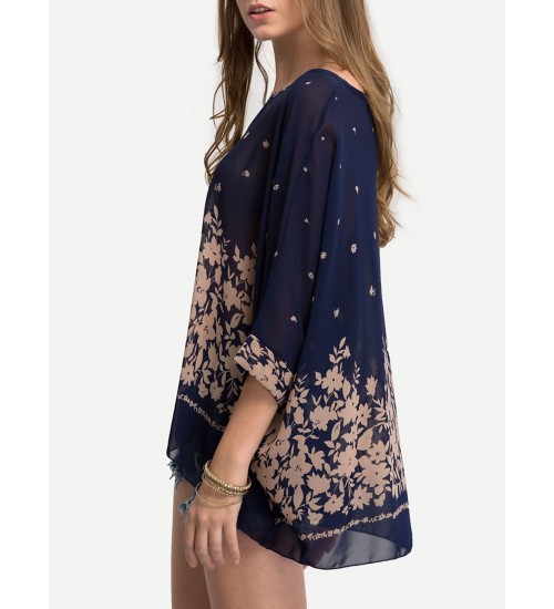 Flower Print Semi-Sheer Poncho Blouse