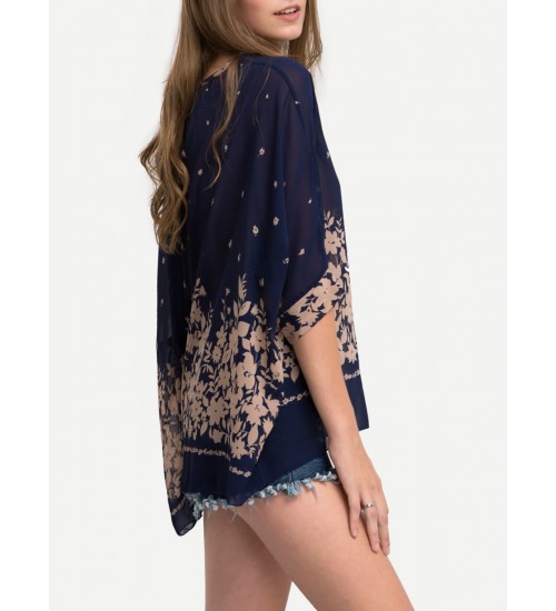 Flower Print Semi-Sheer Poncho Blouse