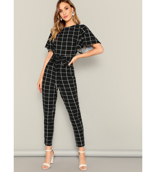 Flutter Sleeve Belted Grid Print Jumpsuit