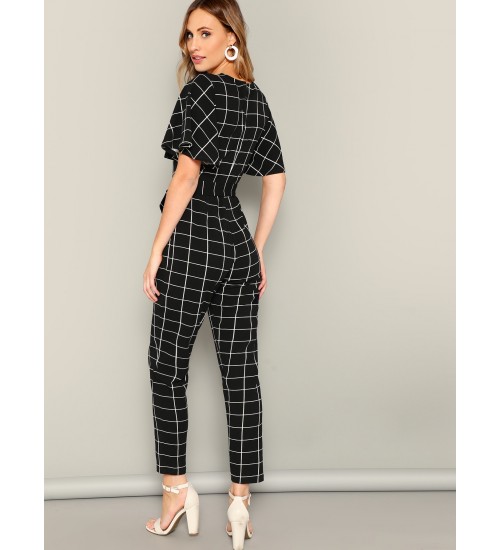 Flutter Sleeve Belted Grid Print Jumpsuit