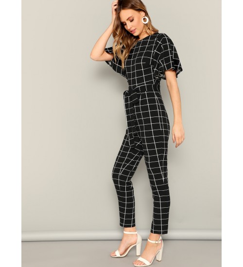 Flutter Sleeve Belted Grid Print Jumpsuit