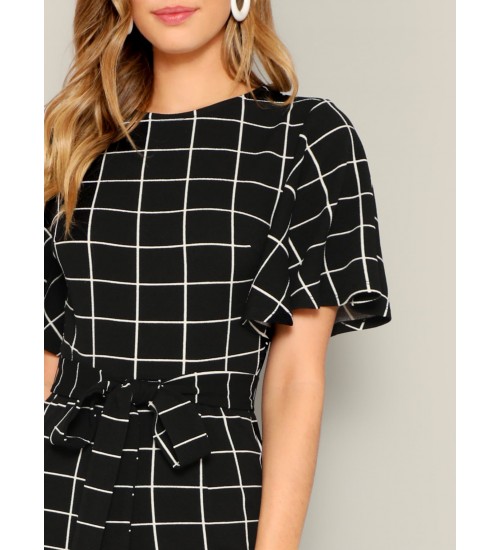 Flutter Sleeve Belted Grid Print Jumpsuit