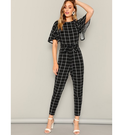 Flutter Sleeve Belted Grid Print Jumpsuit