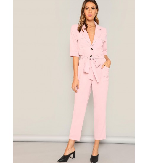 Notched Neck Buttoned Pocket Patched Belted Jumpsuit