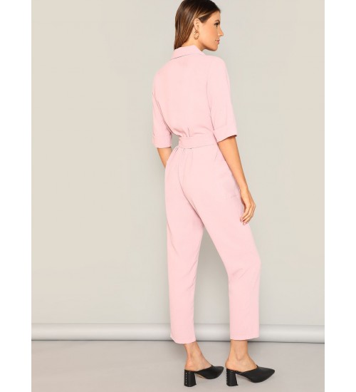 Notched Neck Buttoned Pocket Patched Belted Jumpsuit