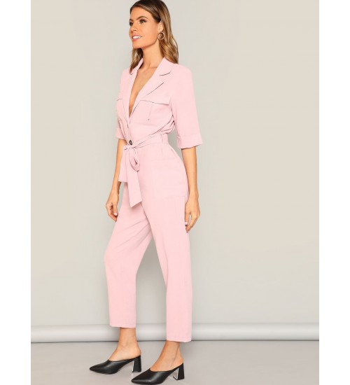 Notched Neck Buttoned Pocket Patched Belted Jumpsuit