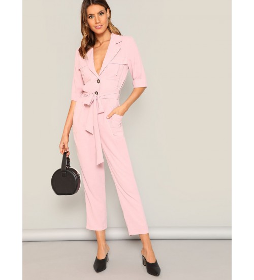 Notched Neck Buttoned Pocket Patched Belted Jumpsuit