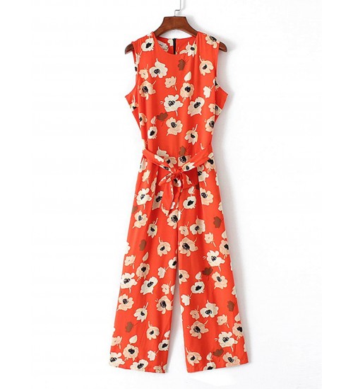 Flower Print Tie Waist Jumpsuit