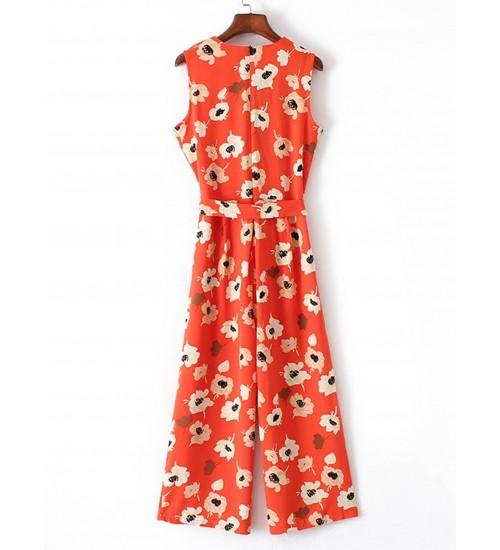 Flower Print Tie Waist Jumpsuit