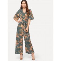 Zip Back Belted Floral Jumpsuit